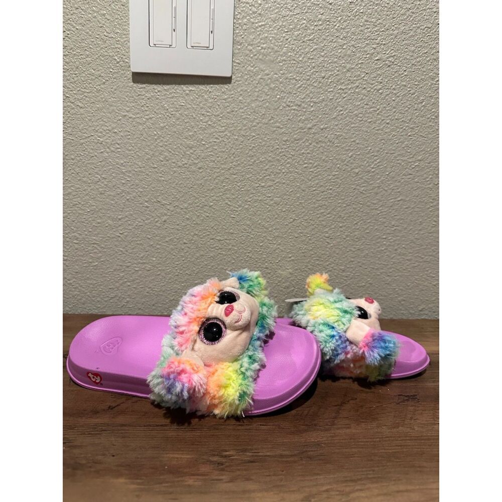 TY Beanie Boo Rainbow Plush Slide Sandals Slippers Girls Size 4-6 (EU 37) Pink